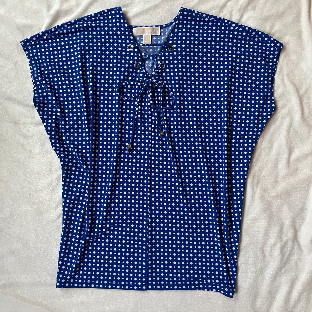 Michael Kors womens royal blue top with polka dots and tie neck, size Small